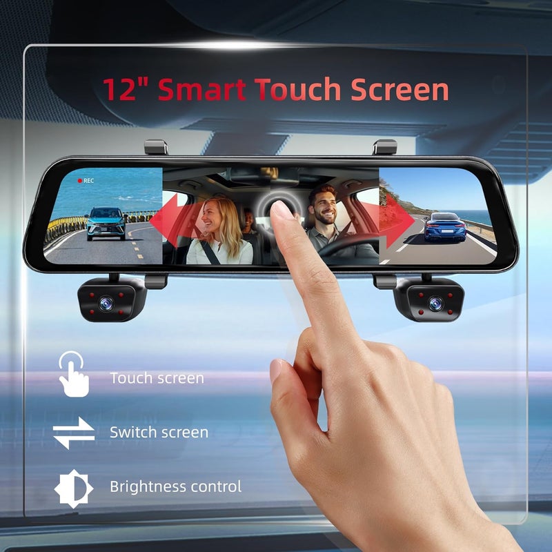 Gloryes 2026 12'' Mirror Dash Cam 4 Channel, Touch Screen Rear View Mirror Camera for Cars,1080Px4 Dashcam Front Rear Inside, IR Night Vision,WiFi,APP,GPS, 24/7 Recording Parking Monitor,Free 128GB SD - Image 3